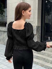 SHEIN Girlism 少女白色休閒百搭方領露肩百褶泡泡袖短版上衣，春/夏新品 - 黑色 - 查看 8