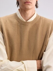 RONVEXI 男士素色休閒日常穿著針織背心 - 卡其色 - 查看 2