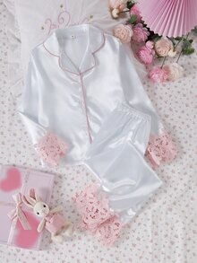 2件組青少年女孩腮紅粉睡衣套裝，長袖睡衣褲，優雅休閒，適合秋冬/冬季，婚禮之夜、蜜月、Ninang，高品質 - 白色 - 查看 1
