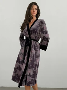 DAZY Women's Printed Pattern Robe With Belt, Comfortable Casual Loungewear - Purple - View 10