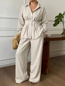 Dazy Plus Long Sleeve Linen Ruched Waist Blouse And Elastic Waist Wide Leg Pants 2pcs Set, Office Casual Street Commute - Apricot - View 1