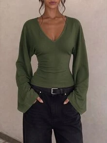 SHEIN Tall 女款休閒百搭純色喇叭袖上衣 - 軍綠色 - 查看 3