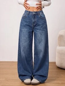 SHEIN PETITE Winter Spring Women's Casual Vacation Washed Vintage Wide Beige Washed Denim Leg Jeans ,Petite Women - Dark Wash - View 7