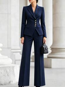RosyDaze Women's Professional Elegant Fitted Blazer & Pants Set, Commute Interview V-Neck Cinched Waist Navy Blue Formal 2 Pieces Outfit - Navy Blue - View 3
