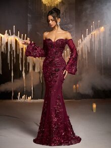Glamrae Burgundy Cold Shoulder Deep V-Neck Sequin 3D Floral Applique Sheer Mesh Mermaid Long Dress, Long Bell Sleeves Formal Evening Gown, Suitable For Prom, Evening Party, Wedding And Party - Burgundy - View 5