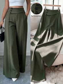 Elenzga Deep Army Green Asymmetrical Fold High Waist Wide Leg Suit Pants For Women, Side Button Decor, Center Seam Pleated Draped Long Trousers For Office Commute - Army Green - View 1