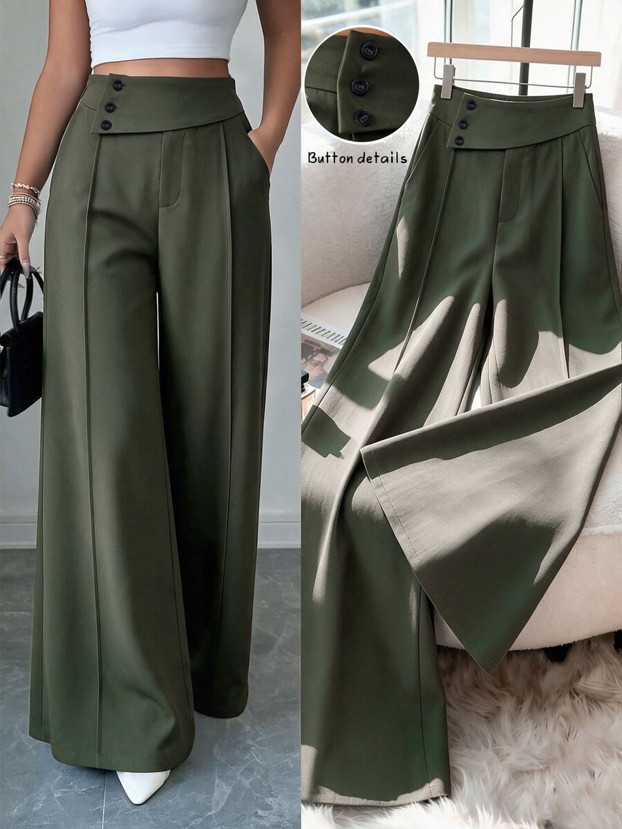 Elenzga Deep Army Green Asymmetrical Fold High Waist Wide Leg Suit Pants For Women, Side Button Decor, Center Seam Pleated Draped Long Trousers For Office Commute - Army Green - View 1