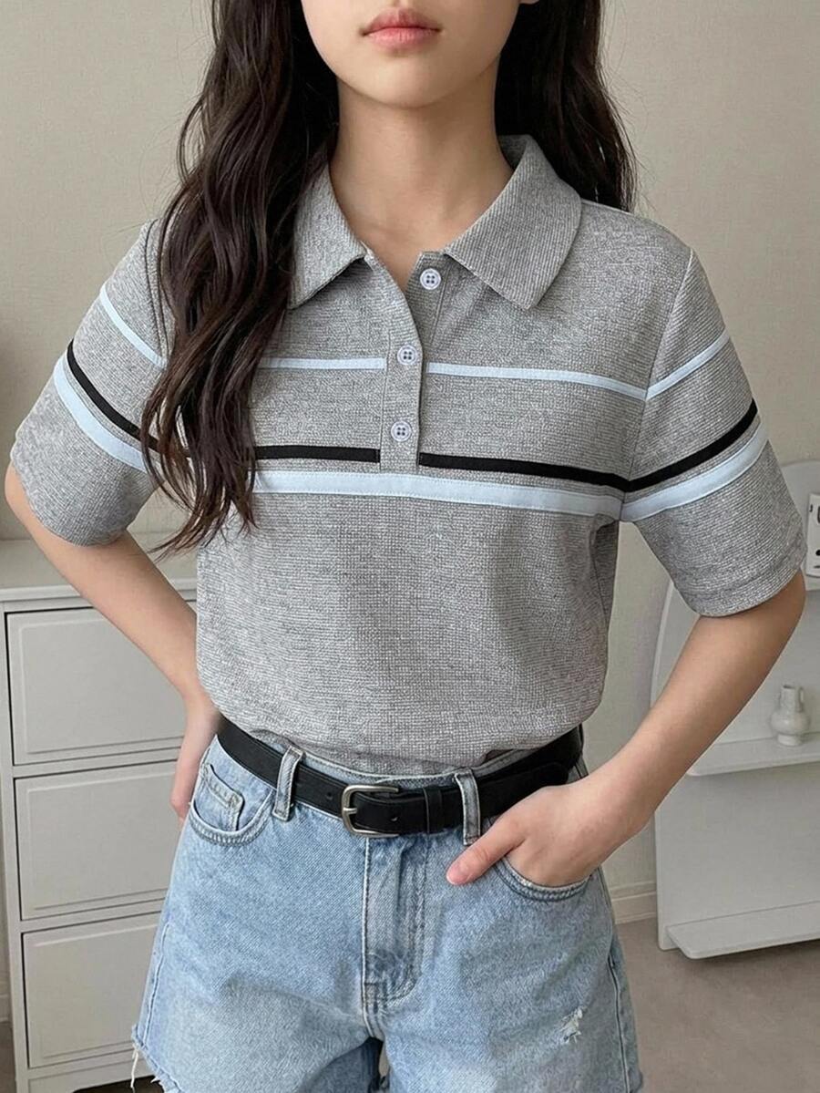 DAZY Basic Collared Striped Colorblock Short Sleeve T-Shirt For Girls (Large) - Grey - View 1