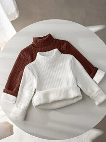 SHEIN 女童隨機 2 件組羅紋針織高領毛衣 冬季開學長袖套頭上衣 - 彩色 - 查看 3