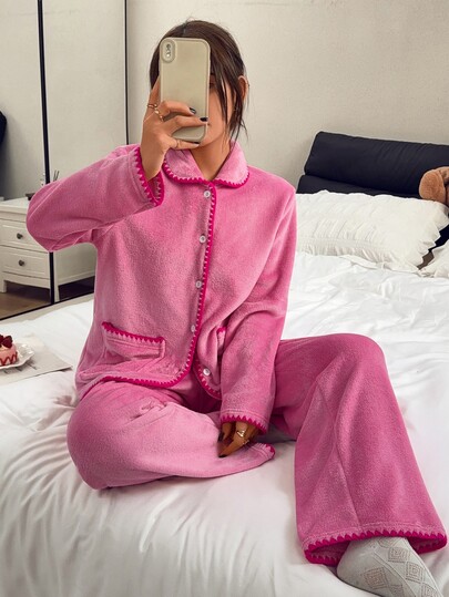 Napfluff Women's Coral Fleece Thickened Long Sleeve Long Pants Casual Loungewear