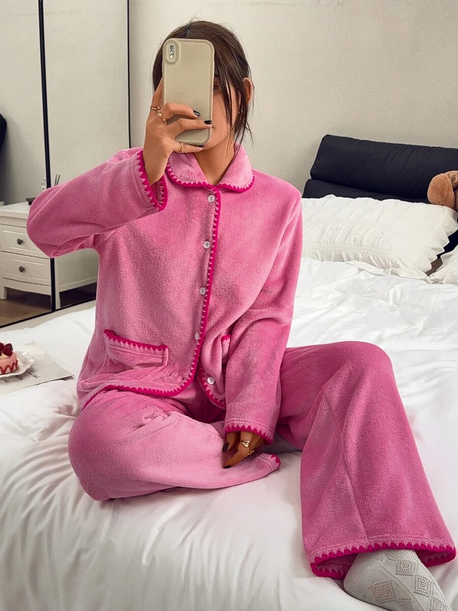 Napfluff Women's Coral Fleece Thickened Long Sleeve Long Pants Casual Loungewear - Hot Pink - View 1