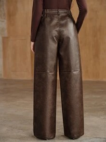 Anewsta Autumn Cool Modern Style Commute Vacation Leather Long Pants Niche Split Hem Dark Brown Straight Leg Women's Leather Pants - Brown - View 6