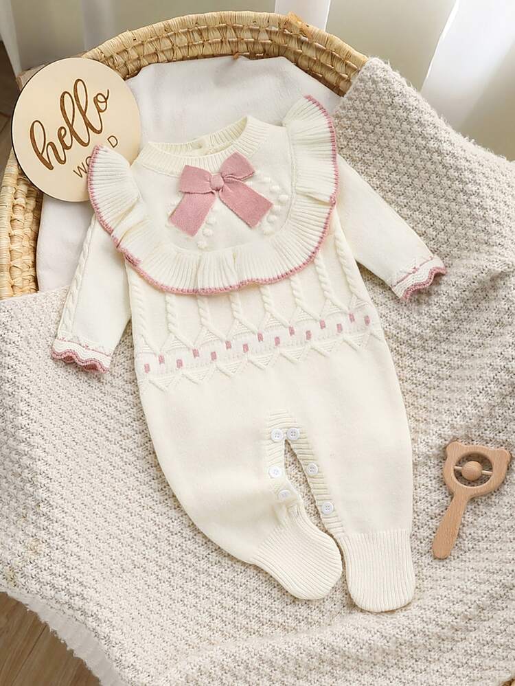 SHEIN Newborn Baby Sweater Onesies, Fashionable Cute Knitted 3D Bow Round Neck Back Button Long Sleeve Ruffle Footed Romper, Soft And Comfortable For Spring And Autumn, Suitable For Daily Wear And Outings - Apricot - View 8