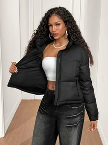 BamGleam Winter Black Stand Collar Hem Cuffed Long Sleeve Padded Coat Everyday Club Streetwear Casual - Black - View 3
