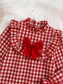 Emery Rose Kids Emery Rose Kids 青少年女孩可愛度假休閒杏色格紋蝴蝶結長袖寬鬆洋裝，秋季花卉洋裝，校園、返校季、校服 - 紅色 - 查看 7