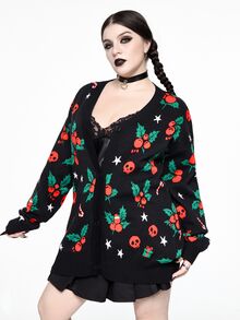 ROMWE Plus Size Women Gothic Style Christmas Skull, Cherry, Gift Box, Candy Cane, Star Pattern Loose Casual Cardigan Sweater - Black - View 3