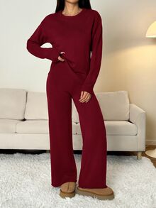 SHEIN PETITE 女款純色圓領長袖毛衣搭配長褲休閒正裝套裝，秋冬款 - 酒紅色 - 查看 3