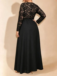Cravure Plus Size Women's Autumn/Winter Lace Colorblock Elegant Exquisite Daily Party Dress - Black - View 2
