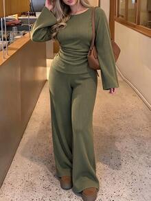 Easura Plus Size Women's Solid Color Pleated Long Sleeve Top And Pants Casual Daily Set - Army Green - View 7