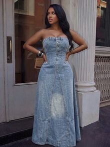 Slaydiva Women's Fashion Casual Long Denim Tube Dress - Blue - View 3