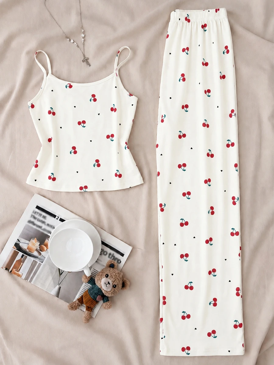 Tween Girl Cherry Print Camisole Top And Long Pants Loungewear Set - Multicolor - View 1
