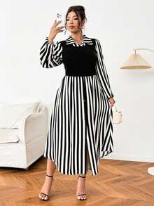 SHEIN CURVE+ Plus Size Casual Minimalist Striped Mixed Material Patchwork Knit Textured Commute & Outing Design Dress Fall - Multicolor - View 6