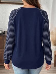 Comfylo Autumn/Winter New Teacher's Day Thanksgiving Blue Striped Print Plus Size Women's Casual Raglan Sleeve Crew Neck Loose T-Shirt Suitable For Spring/Autumn - Navy Blue - View 2