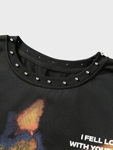 ROMWE Street Life Plus Size Women's Letter & Silhouette Print Casual Everyday Long Sleeve T-Shirt - Black - View 6