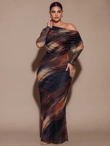 SHEIN BAE CURVE 大尺碼女款優雅長洋裝，適合外出、約會、聖誕節、秋冬季、雞尾酒會、生日派對、舞會 - 棕色 - 查看 7