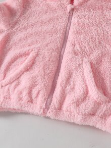 SHEIN Elladie kids 1件女款甜美風休閒Y2K可愛外套，校園休閒穿搭，秋冬3D貓咪刺繡連帽寬鬆抓絨夾克，學校健身房穿著，粉色 - 粉色 - 查看 4