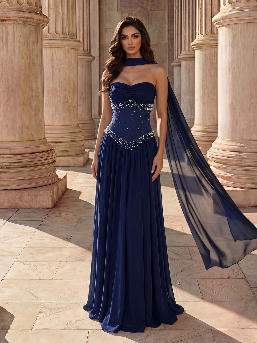 Coutiva Gaun Malam Formal Wanita Tanpa Tali dengan Hiasan Berlian Imitasi dan Model Bandeau - Navy Blue - View 1