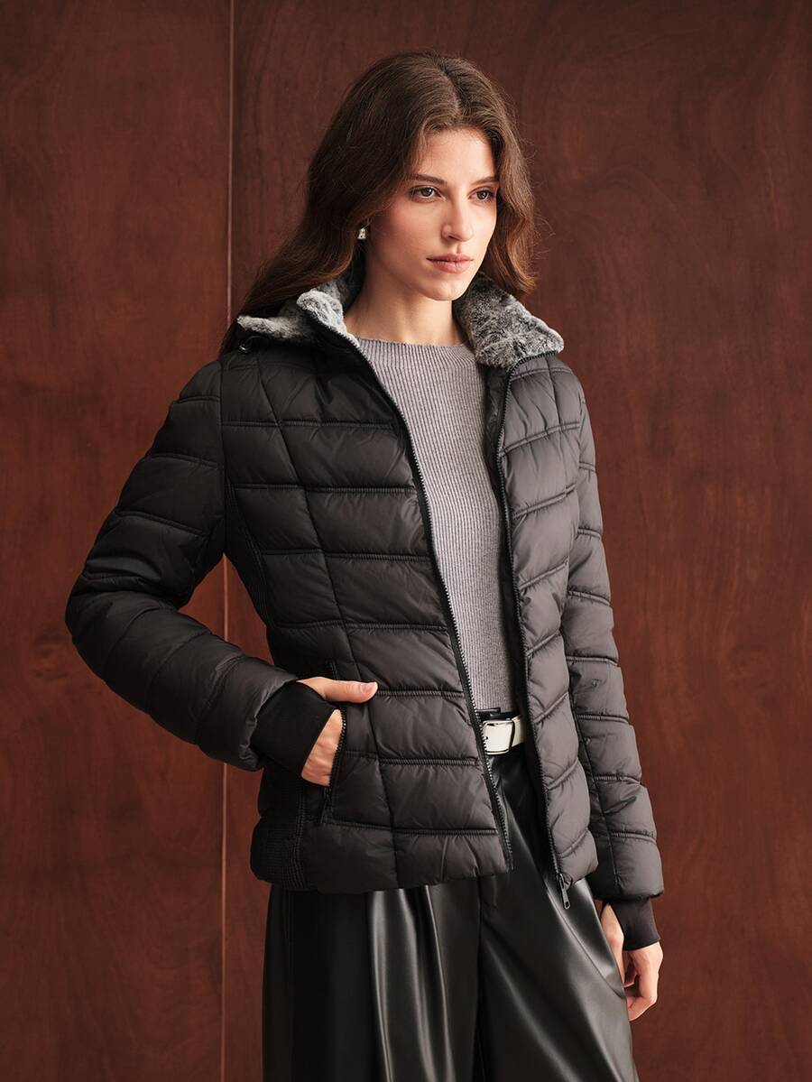 Anewsta Women's Plush Patchwork Casual Versatile Winter Padded Coat - Black - View 1
