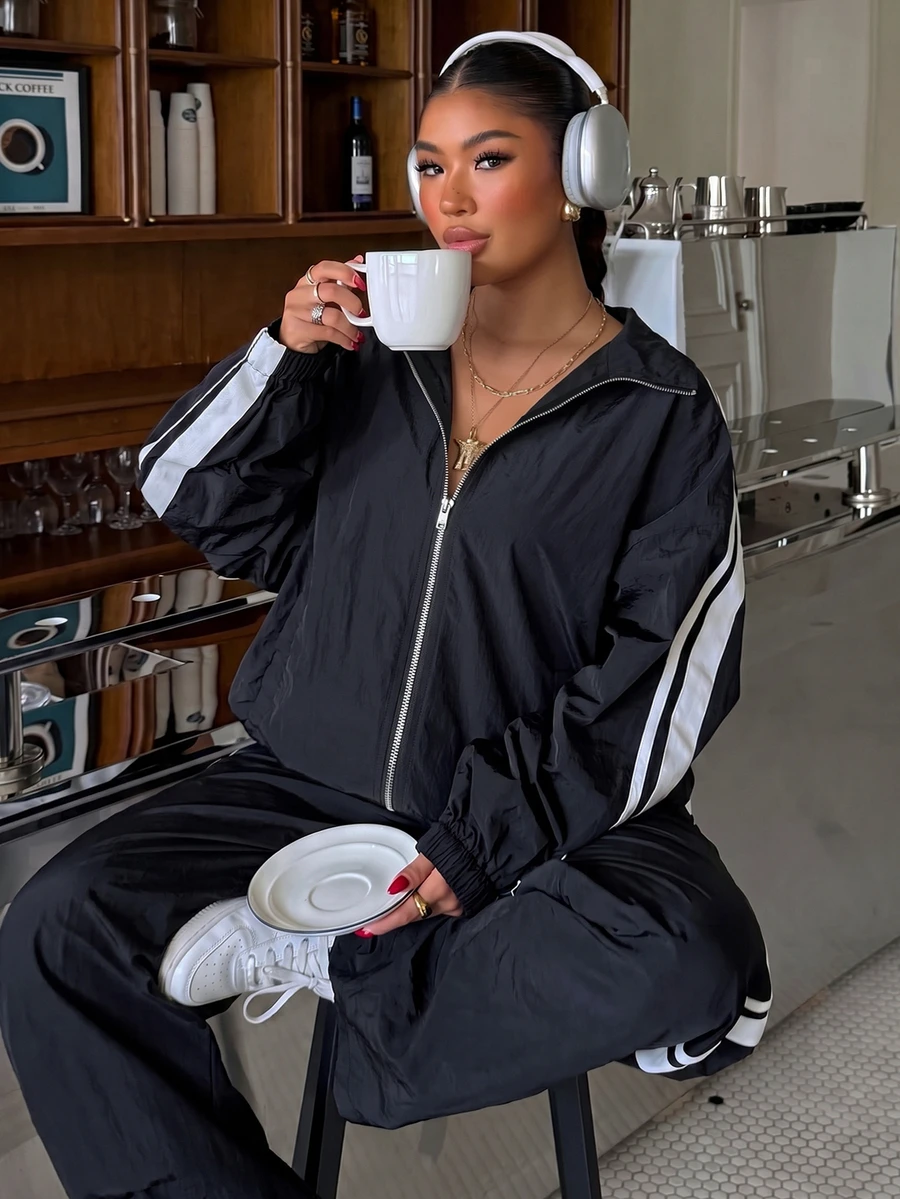 Muchica Women's Plus Size Casual Fashion Striped Side Stripe Decor Zipper Jacket And Wide Leg Pants 2 Pieces Set Fall - Black - View 1