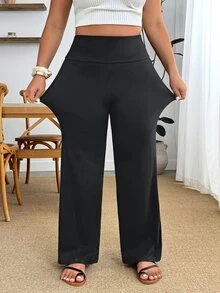 Enliva 大尺碼女款純色寬腰帶休閒寬鬆寬腿長褲 - 深灰色 - 查看 3