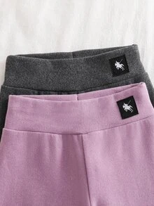 SHEIN 2件裝女童秋冬蝴蝶結刺繡圖案刷毛內搭褲，適合日常休閒穿著 - 彩色 - 查看 5