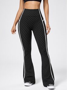 Easithlete Easithlete Women's Polka Dot Patchwork Print Flared Leg Sports Comfy Baggy Pants Gym Running Black And White Winter - Black - View 4