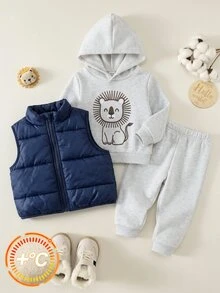 SHEIN 中性嬰兒男/女嬰 3件組秋冬加厚抓絨內裡休閒可愛獅子圖案衛衣套裝與棉墊背心外套套裝，多件套裝，男嬰衣裝套裝，男嬰秋冬衣裝，柔軟復古加厚外套 - 淺灰色 - 查看 6