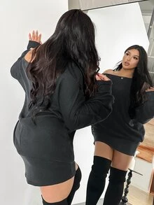Firerie Plus Size Women's Solid Color Oblique Shoulder Long Sleeve Ribbed Fashionable Dress Spring Fall - Dark Grey - View 6