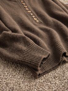 Grovea Plus Size Women's Button Front Henley Collar Knit Sweater, Casual Long Sleeve Raglan Sleeve Pullover Top For Autumn/Winter - Camel - View 6