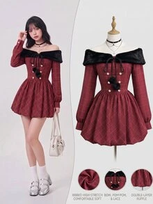Elamini Women's Christmas Dress With Red Plaid Patchwork And Fur Collar - Red - View 2