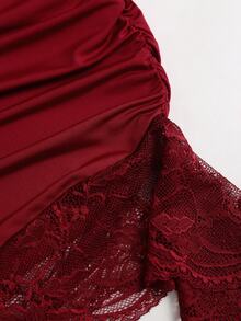 Sweetra Women's Premium Elegant Fashion Patchwork Same-Color Lace & Red Asymmetrical Hemline Large U-Neck Short Dress - Burgundy - View 6