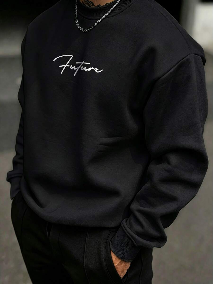 HypeHours Men's Plus Size Classic Casual Graphic Letter Sweatshirt, Suitable For Daily Wear And Gatherings - Black - View 1