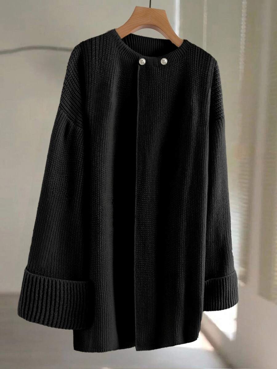 GlowEve CURVE Plus Size Women's Dusty Pink Metal Button Decor Solid Color Knit Cardigan,Autumn Casual Everyday Versatile Sweater For Christmas,Halloween,Office - Black - View 1
