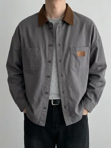 DAZY Spring/Autumn Men's Patchwork Collar Contrast Color Washed Distressed Denim Jacket - Grey - View 6