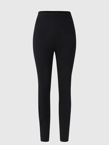 SHEIN 青少年女孩高腰彈性緊身內搭褲 極簡寬鬆運動風 純黑色百搭柔軟瑜伽褲 貼身運動緊身褲 皮拉提斯 - 黑色 - 查看 6