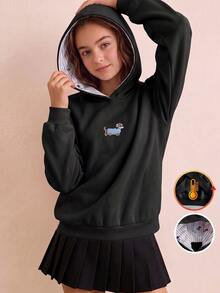 SHEIN Sparklyn 1件女童軟萌甜美風粉色連帽衛衣，長袖，抓絨，秋季衣物，柔軟面料，寬鬆版型，舒適 - 黑色 - 查看 4