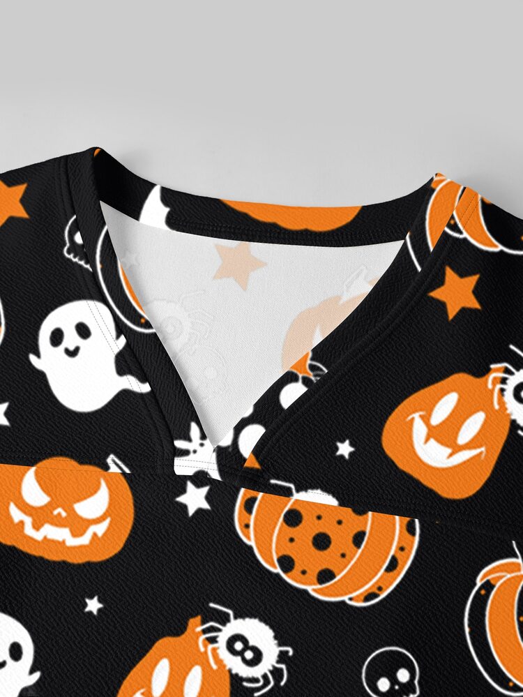 TaskEZ Black Halloween Pumpkin V-Neck Short Sleeve Pants Scrub Uniform Set, Loose Casual Comfortable - Multicolor - View 7