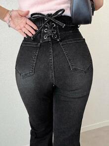 Dazy Plus Elastic Waist Tie Design Elegant Sexy Versatile Flare Jeans Spring Autumn New Style - Black - View 1