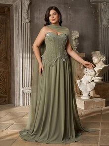 Aureia Plus Size Women's Rhinestone Decorated 3D Boning Asymmetrical Hem Mesh Patchwork Formal Evening Gown (Heavy Embellishment Style) - Olive Green - View 7