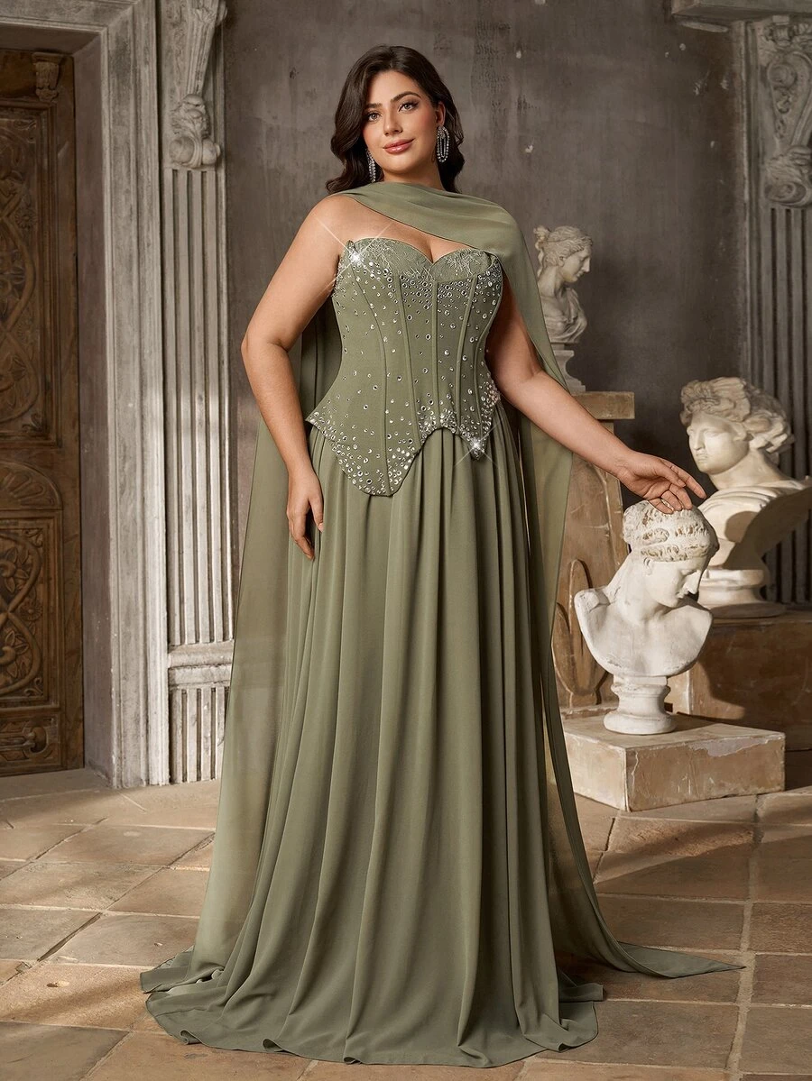 Aureia Plus Size Women's Rhinestone Decorated 3D Boning Asymmetrical Hem Mesh Patchwork Formal Evening Gown (Heavy Embellishment Style) - Olive Green - View 1